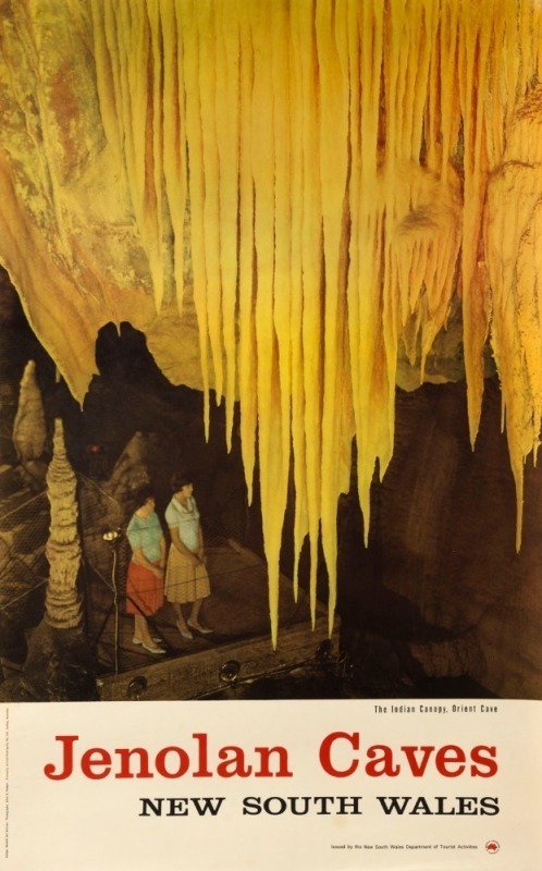 ALLAN A. HEDGES (photographer), JENOLAN CAVES, NEW SOUTH WALES poster showing "The Indian Canopy, Orient Cave", issued by the New South Wales Department of Tourist Activities. Printed by Artcarft, Sydney., circa 1950s. 100 x 61cm. Note: We have previousl