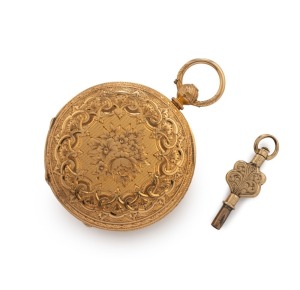 JOSEPH THOMAS SLEEP impressive ladies pocket watch in 18ct gold full hunter case with engraved decoration, mid 19th century. Movement engraved "J.T. SLEEP, BALLAARAT". Sleep arrived in Ballarat in 1855 and quickly established himself as one of the finest jewellers on the goldfields. Works by Sleep are rare and highly prized. 5.5cm high overall