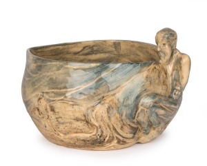 MERRIC BOYD pottery fruit bowl with rare applied figural decoration in landscape, hand-painted with sgraffito highlights, incised "Merric Boyd, The Gardener, 1948", 13cm high, 21cm across