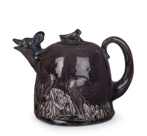 STONE'S BRISTOL POTTERY "Kangaroo" teapot with mauve and grey glaze, early 20th century, impressed oval mark to base "Bristol Pottery, Brisbane", 15cm high, 20cm wide