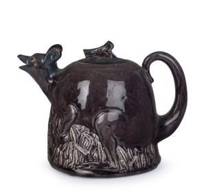 STONE'S BRISTOL POTTERY "Kangaroo" teapot with mauve and grey glaze, early 20th century, impressed oval mark to base "Bristol Pottery, Brisbane", 15cm high, 20cm wide