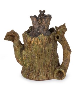 WILLIAM RICKETTS pottery tree stump teapot with applied koalas in rare and early green glaze, incised "W. M. Ricketts, 1934", 17cm high