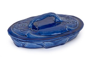HARVEY SCHOOL blue glazed oval lidded bowl, incised "A. F., 1932", 26cm wide