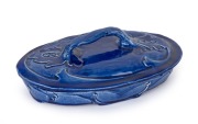 HARVEY SCHOOL blue glazed oval lidded bowl, incised "A. F., 1932", 26cm wide