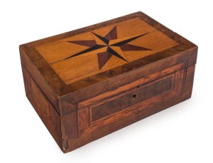 An antique box with starburst top, various timbers including casuarina beefwood, musk, mottled kauri, cedar, ebony, acacia and marri, 19th century, 12.5cm high, 28cm wide, 17.5cm deep