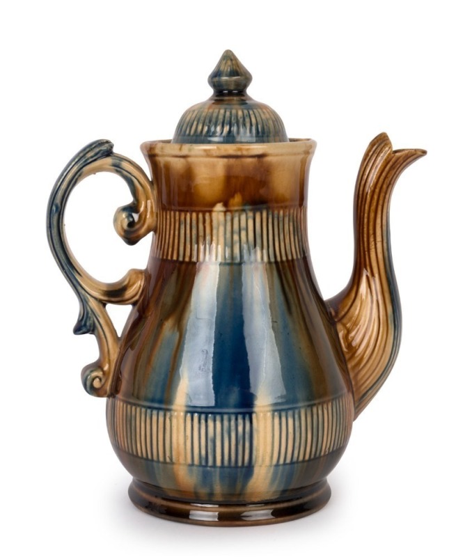 BENDIGO POTTERY Colonial teapot with blue and brown mottled glaze, circa 1880, antique staple repair to lid, 25cm high