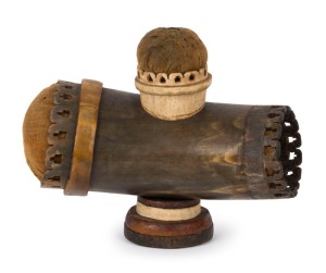 A Colonial folk art pin cushion, cedar, horn, natural fibre and felt, early to mid 19th century, 14cm high, 17cm wide