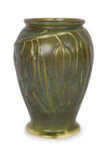MELROSE WARE gumleaf pottery vase with unusual green glaze finish, stamped "Melrose Ware, Australian", 24cm high