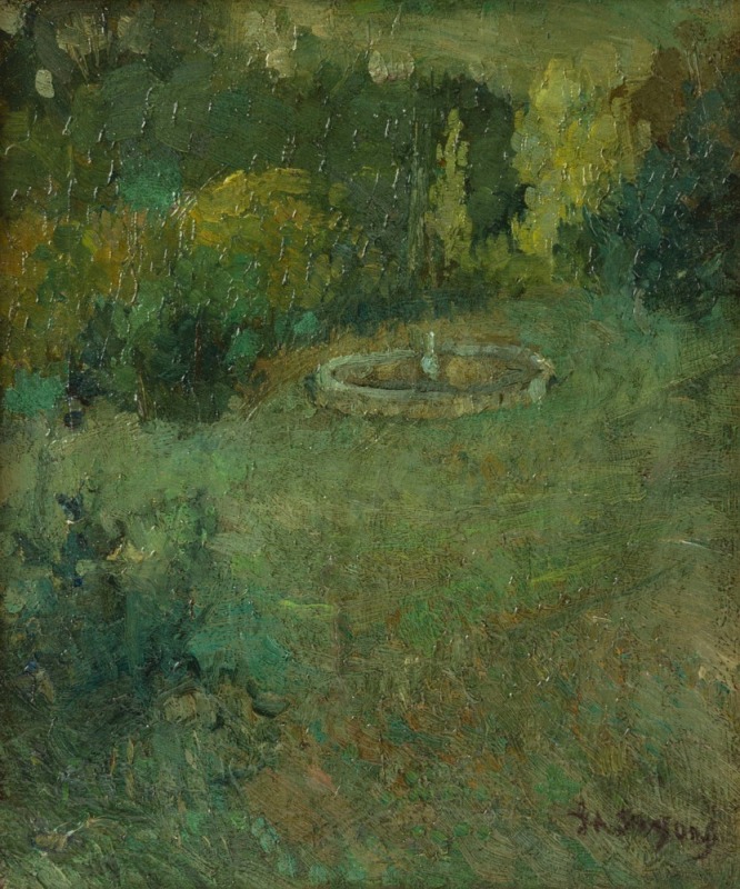 GEORGINA (INA) ALICE GREGORY (1874-1964), Verdant Garden with Fountain, oil on canvas, signed G.A. Gregory lower right, 33.5 x 28cm. The scene is believed to depict the garden at the Lindsay family home in Creswick, Victoria. 