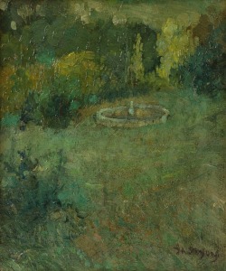 GEORGINA (INA) ALICE GREGORY (1874-1964), Verdant Garden with Fountain, oil on canvas, signed G.A. Gregory lower right, 33.5 x 28cm. The scene is believed to depict the garden at the Lindsay family home in Creswick, Victoria. 