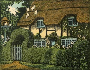 JOHN HALL THORPE (1874-1947), Old Thatch, Woodblock print, (Type 1 - four doves on roof), 23 x 29cm.