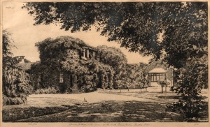 VICTOR ERNEST COBB (1876 - 1945), Coombe Cottage - The home of the late Dame Nellie Melba. D.B.E., etching, signed, titled and editioned 6/85 in lower margin, signed and dated 1931 in the plate, 22 x 38cm. Cobb's "Pergola and Bath, Coombe Cottage" is occ