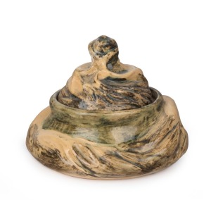 MERRIC BOYD pottery lidded bowl with applied windswept tree decoration, incised "Merric Boyd, 1946", 9cm high, 11.5cm wide