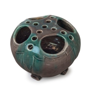 FANNY G. BRETT (HARVEY SCHOOL) pottery vase with green and gray glaze, incised "F.G. Brett, 1925, Q", 10cm high, 15cm wide
