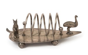 An Australian silver plated toast rack of gum leaf form adorned with a kangaroo and emu, late 19th early 20th century, ​​​​​​​18.5cm wide