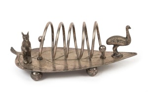 An Australian silver plated toast rack of gum leaf form adorned with a kangaroo and emu, late 19th early 20th century, 18.5cm wide