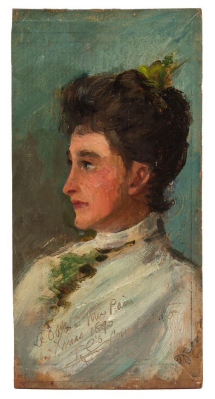 ARTIST UNKNOWN (Australian School, 19th century), Portrait of Mrs. Pain, Christmas, 1890, oil on cigar box cedar panel. signed and inscribed lower left (illegible), 22.5 x 11cm