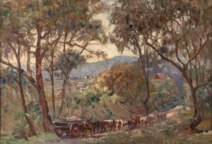 HAL WAUGH (1860-1941), (the bullock dray), oil on canvas, signed lower right "Hal Waugh", gilt frame by Thallon, 45 x 65cm, 64 x 85cm overall