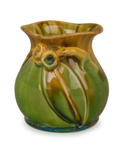 REMUED green glazed pottery vase with applied gumnuts and leaf, incised "Remued, Hand Made, 93 SM", 17cm high