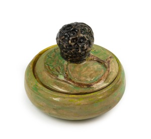 MERRIC BOYD pottery lidded bowl with applied quandong and leaf, incised "Merric Boyd, 1936", 7cm high, 8.5cm diameter