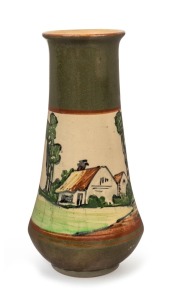 REG HAWKINS for P.P.P. (PREMIER POTTERY PRESTON) green glazed pottery vase with hand-painted cottage scene, signed R. Hawkins on the side and stamped "P.P.P.", 23cm high