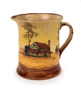P.P.P. (PREMIER POTTERY PRESTON) unusual pottery jug with hand-painted farm scene, most likely the work of Reg Hawkins, hand-painted factory mark in brown "P.P.P.", 11cm high, 13cm wide