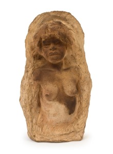 WILLIAM RICKETTS pottery sculpture of an Aboriginal female, reverse adorned with two children's faces, incised "William Ricketts, The Sanctuary, Mount Dandenong, 1958", 22cm high