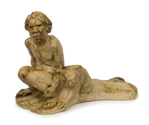 WILLIAM RICKETTS pottery statue of a seated Aboriginal figure with koala, incised "W. M. Ricketts, Mt. Dandenong, 1941", 10cm high, 13cm wide