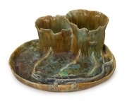 M. JOHNSON pottery tree stump tray with applied lizard decoration, Sydney origin, incised "M. Johnson", 11cm high, 21cm wide