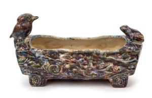 McHUGH POTTERY log flower trough with kookaburra and frog decoration, unusual mottled glazed, rare. Later branding added to base "H. McHugh, Tasmania", 15cm high, 30cm wide. Note: Illustrated in "McHUGH BROS. POTTERY, LAUNCESTON", by Robert Florey [Tasman