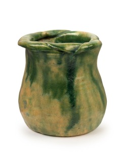 KILLINEY SCHOOL hand-built green glazed pottery vase with unusual rim, incised "Killiney, Hobart, Tas", 10.5cm high