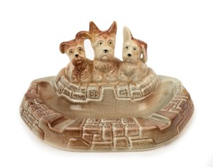 WEMBLEY WARE ceramic ashtray with dog decoration, circular impressed mark to base, 8cm high, 17cm wide