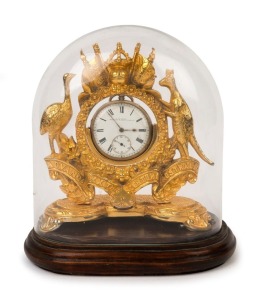 AUSTRALIANA pocket watch holder with antique sterling silver pocket watch, dial signed "J. M. WENDT, Adelaide and Mount Gambier" housed in a period glass dome, 19cm high overall