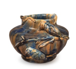 FRED MAN (attributed) blue and brown glazed pottery vase with applied kookaburras on branches, 11cm high, 15cm wide
