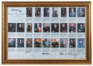 "PRIME MINISTERS OF AUSTRALIA": 'Australian Geographic' print featuring portraits of 26 Prime Ministers from Edmund Barton through to John Howard, six of the portraits with signatures beneath, comprising John Gorton, Gough Whitlam, Malcolm Fraser, Bob Haw
