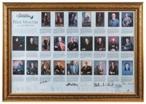 "PRIME MINISTERS OF AUSTRALIA": 'Australian Geographic' print featuring portraits of 26 Prime Ministers from Edmund Barton through to John Howard, six of the portraits with signatures beneath, comprising John Gorton, Gough Whitlam, Malcolm Fraser, Bob Hawke, Paul Keating and John Howard; framed & glazed, overall 78 x 113cm.