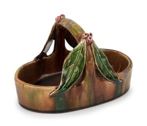 FLORENCE ARCHER (HARVEY SCHOOL) pottery basket with applied gumnuts and leaves, Queensland origin, incised "F. Archer, Hand Built, 1937", 13cm high, 32cm wide