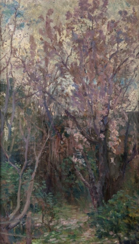 HELEN ALICE PETERS (1861-1923), In The Garden, oil on canvas, signed lower left "Helen A. Peters", with exhibition label verso "In The Garden, 3.3.0 which is 3 pounds 3 shillings, Helen-A-Peters, 25 Elizabeth St. Geelong", 70 x 39cm, 84 x 53cm overall.  