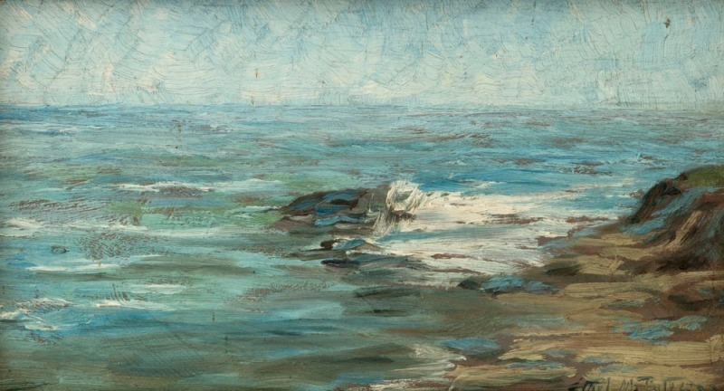 ETHEL M. PATERSON (Australian School), The last Gleam, seascape, oil on panel, signed lower right "Ethel M. Paterson", Gallery label verso "The Sedon Galleries, 107 Elizabeth Steet Melbourne", 11 x 20cm, 20 x 29cm overall. ​​​​​​​Provenance: Private Coll