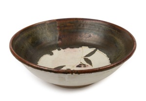 MILTON MOON pottery fruit bowl with gum blossom motif, incised "Milton Moon", 9cm high, 29cm diameter