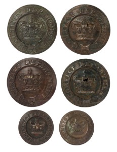CONVICT DEPARTMENT six assorted antique buttons by MILNS & Co. of London, 19th century, 23mmmm diameter 17cm