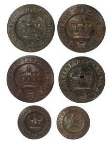 CONVICT DEPARTMENT six assorted antique buttons by MILNS & Co. of London, 19th century, 23mmmm diameter 17cm
