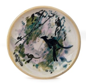 ARTHUR MERRIC BOYD and NEIL DOUGLAS pottery dish with scene of kangaroos in landscape, signed "Boyd", 11cm diameter