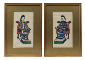 A pair of Chinese portrait paintings on silk, 19th century, 20 x 11cm each, frames 28 x 20cm overall