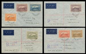NEW GUINEA: 1939 (SG.212-221) Bulolo Airs seven values to 6d, 9d & 1/- on four Kavieng registered covers, addressed to NELSON EUSTIS in Adelaide, stamps tied by '13MAR39' datestamps being the FDI for Kavieng. (4)