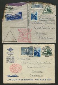 AUSTRALIA: Aerophilately & Flight Covers: 20 Oct. 1934 MacRobertson Air Race (AAMC.444) Holland-Australia official mail carried on KLM DC2 'Uiver', stamps tied by HAARLEM '17X/1934'; datestamps, flight time of 90 hours 13minutes confirmed by MELBOURNE '24OC34' arrival backstamp. Also a real-photo unused postcard showing a plaque dedicated by citizens of The Netherlands to inhabitants of Albury for allowing the Uiver to land in Albury during in the Race when in great danger.