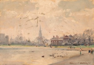 DERMONT HELLIER (1916-2006), Kensington Palace and St Mary Abbots Church, London, oil on canvas board, signed lower right "Dermont Hellier", ​18 x 25.5cm, 28 x 35.5cm overall