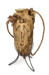 JUNE DYSON pottery amphora with applied figures and accompanying metal stand, 40cm high, 44cm with stand
