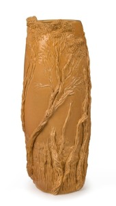 ERIK JUCKERT early exhibition quality vase, spectacularly decorated with applied landscape forest scene, rare, incised "Eric Juckert, 1945", 43cm high