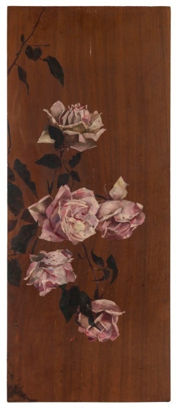 ARTIST UNKNOWN, (roses, Heidelberg school), oil on cedar panel. Note the highly confident square brush technique with mixing of the pink and white palette, 61 x 25cm overall.